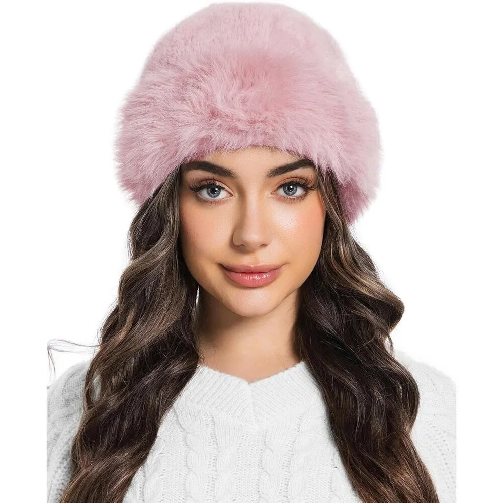 Women's Pink Faux Fur Fluffy Bucket Hat Winter Warm Fuzzy Mongolian Hat